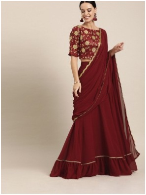 Maroon Solid Poly Georgette Lehenga Saree